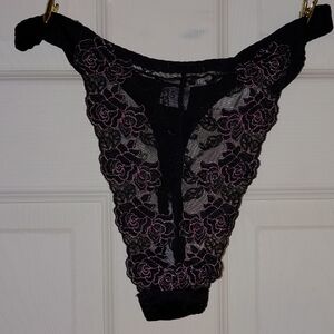 Lunaire Embroidered Thong, Size 7 Large, Black And Pink